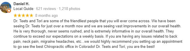 Chiropractic Lone Tree CO Patient Testimonial at Lone Tree Family Chiropractic and Injury Center